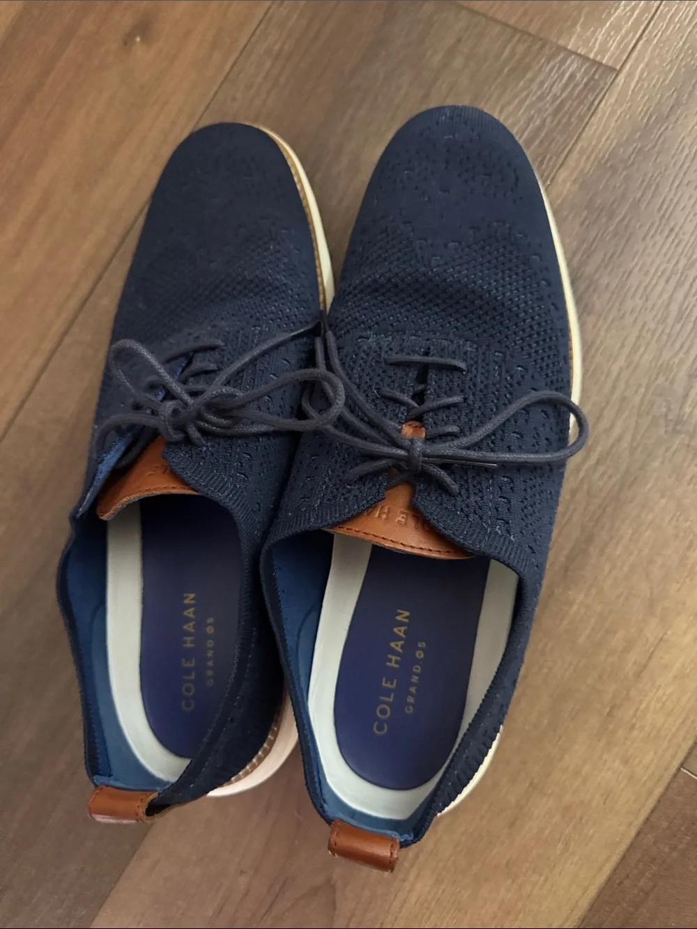 Cole Haan Navy Knit Lace-Up Oxfords with Tan Accents